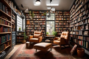 A garage turned into a home library with cozy reading chairs.