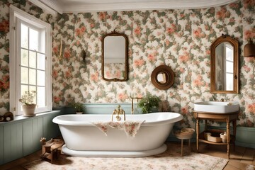 A cottagecore bathroom with floral wallpaper and antique decor.