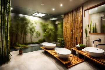 A spa oasis bathroom with a rain shower and bamboo decor.
