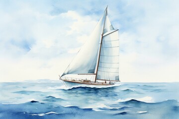 Hand-drawn sailboat painted with watercolors sailing on a serene blue sea. Generative AI