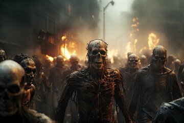 A dystopian apocalypse fantasy scene featuring a horde of menacing zombies slowly walking towards an uncertain target.Generated with AI - obrazy, fototapety, plakaty