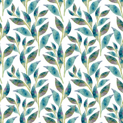 Seamless pattern of watercolor green blue  leaves. Hand drawn illustration. Botanical hand painted floral elements on white background.