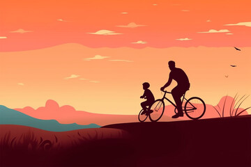 cartoon style of father and son cycling