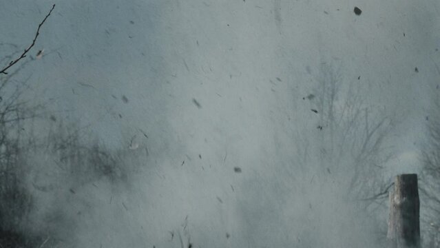 No people slow motion shot of grenade explosion on battlefield during World War 2 battle reenactment