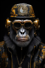 Portrayal of a grim monkey exuding hip hop attitude. Dressed in shades of gold and black, the monkey's fierce demeanor stands out against a backdrop rich in graffiti elements, blending the wild with t