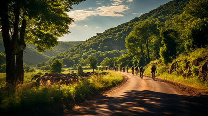 Biking Along the Mountain: Cyclists on a Picturesque Winding Bike Trail. Generative AI.