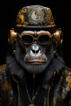 Portrayal of a grim monkey exuding hip hop attitude. Dressed in shades of gold and black, the monkey's fierce demeanor stands out against a backdrop rich in graffiti elements, blending the wild with t