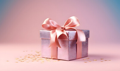 A beautiful Christmas pink present on a solid color background - festive glitter and ribbons design