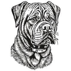 Dogue de Bordeaux dog engraved vector portrait, face cartoon vintage drawing in black and white realistic breed pet