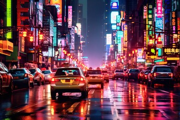 Obraz premium Bustling city street at night, illuminated by vibrant neon lights and adorned with towering skyscrapers