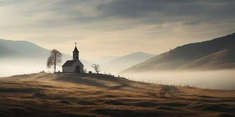 Fotobehang Wide angle view of church in remote hills. Religion concept. © AllistairBot/Peopleimages - AI