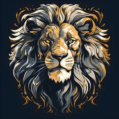 Hand drawn poster with lion portrait isolated on black background
