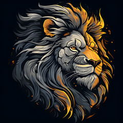 Hand drawn poster with lion portrait isolated on black background
