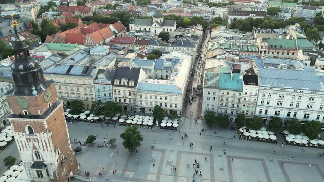 Aerial drone view of Krakow main market square. Main Market square or Rynek Glowny with a Town Hall. Cracow old city with historic churches. 