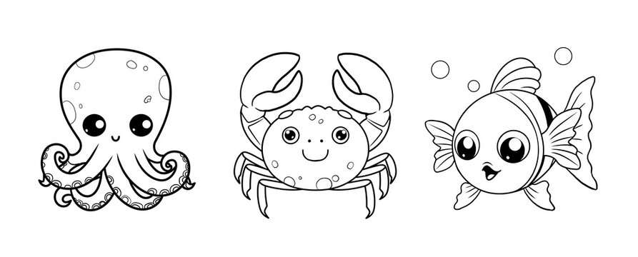 Cute funny octopus, crab and clownfish for coloring. Template for a coloring book with funny animals. Colouring page for kids created with generative AI.	.	