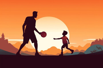 cartoon style of father playing ball with his son