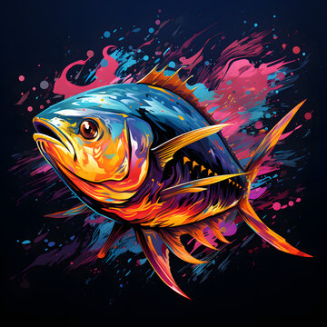 Colorful poster with tuna fish in vector design style isolated on black background