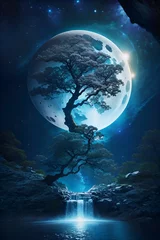 Poster Volle maan en bomen The Tree of Life in the Sun moon ocean, and galaxy universe is a dramatic fantasy waterfall.