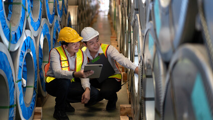 Skilled manager on job training young technician working in metal sheet production factory. Asian...
