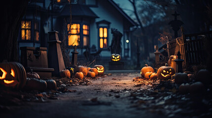 Halloween pumpkins outside a house. Scary night view of a house with halloween decoration and ghost - Generative AI  - obrazy, fototapety, plakaty