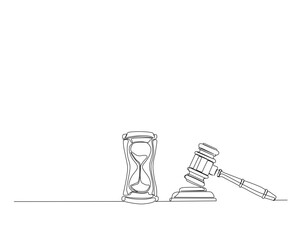 Fototapeta na wymiar Continuous one line drawing of justice hammer and hourglass. Law hammer and hourglass outline vector illustration. Editable stroke.