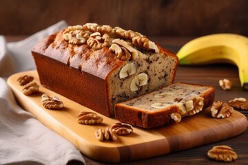 Chocolate banana bread with walnuts on a wooden board and ingredients on a piece of cloth - obrazy, fototapety, plakaty
