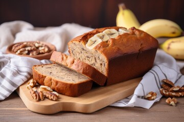 Chocolate banana bread with walnuts on a wooden board and ingredients on a piece of cloth