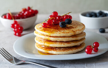 Pile of pancakes on a grey plate with red currants, blueberries and fork