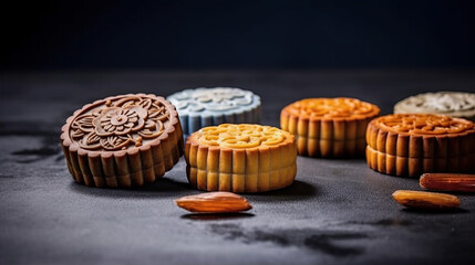Mid Autumn mooncakes on a dark background,created with generative ai tecnology.