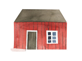 Watercolor fishing house illustration, red beach house clipart 