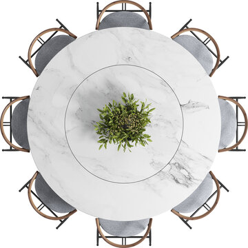 Top view of round marble dining table with chairs