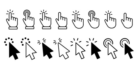 Mouse click cursor set. Click icon. Mouse pointer set. Arrow and hand cursor. Pointer cursor line icons.