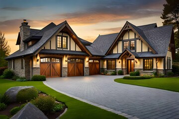 Tudor style family house exterior with gable roof and timber framing.  - obrazy, fototapety, plakaty