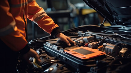Technician is repairing in auto repair Service electric battery and Maintenance of car battery. Check the electrical system inside the car