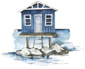 Watercolor beach house illustration, vacation clipart png, summer sea resort. Nautical design.