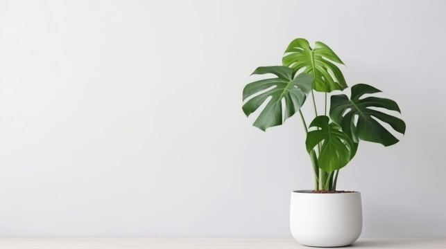 clean image of a large leaf house plant Monstera deliciosa in a gray pot on a white background