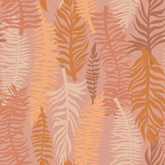 Pink and beige abstract feathers and leaves pattern. Tropical sun-scorched leaves, plant silhouettes. Muted colors - shades of coral, brown, orange. Great pattern for summer shirts