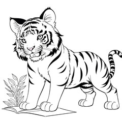 A vector of a cute Tiger in black and white coloring transparent white background PNG