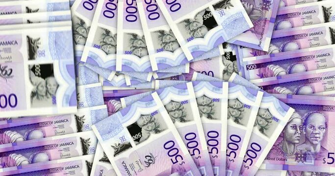 Jamaica Dollar banknotes in a cash fan mosaic pattern loop. Jamaican JMD 500 money notes. Abstract concept of bank, finance, economy seamless and looped decorative design background.