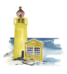 Watercolor scandinavian style yellow fishing house and lighthouse, vacation clipart
