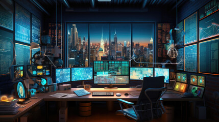 Computers in Monitoring Control Room with Digital Screens with Server Data, Blockchain Network and Surveillance Maps