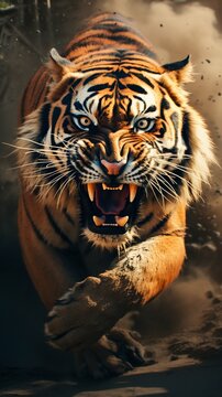 Tiger Attacking with Open Mouth in Sandstorm. Generative ai
