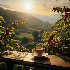 Foto op Plexiglas wooden table, espresso, cappuccino, cup, coffee, coffee beans, leaves, berries, coffee plantation, landscape, nature, sunny day, warm lighting © dorogina