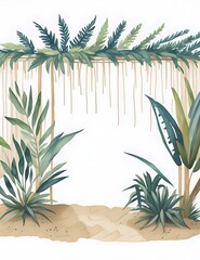 Jewish sukkah with palm leaves and paper decorations watercolor illustration for sukkot holiday
