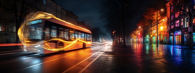 City Bus Traveling on Night Street. Generative ai