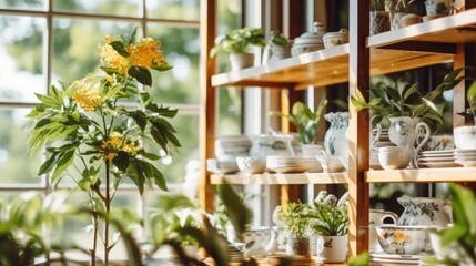 Photo of a wooden kitchen shelf decorated with flowers