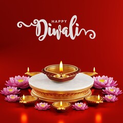 3D rendering for diwali festival Diwali, Deepavali or Dipavali the festival of lights india with gold diya patterned on color Background.