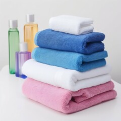 Obraz na płótnie Canvas Colorful Towel Stack on Bathroom Background. Generative ai