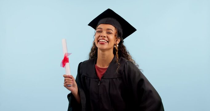 Graduation, woman and student with diploma for education, college or university success on blue background. Excited face of african graduate with paper, certificate or learning achievement in studio