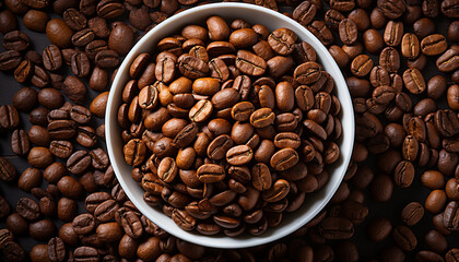 Fototapeta premium Freshly roasted coffee beans on wooden table top view close up